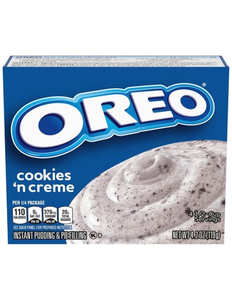 Pudín instantáneo Jell-O y relleno para tartas con sabor a galletas Oreo y crema.
