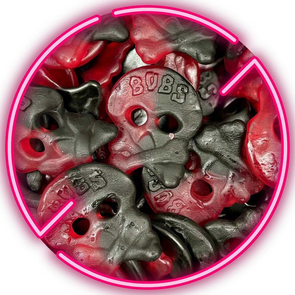 Bubs Raspberry / Liquorice Skulls 250g